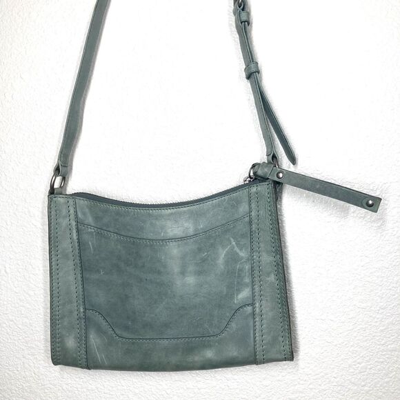 Frye Melissa Leather Zip Crossbody Bag Green Sky Tone Adjustable Strap 8x11" - Picture 3 of 16